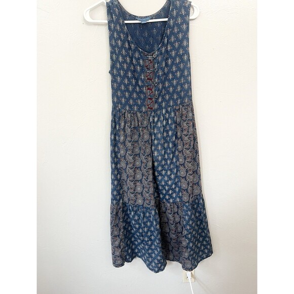 April Cornell Handblock Dress Navy Floral Patchwork Midi Pockets Medium Cottage - Picture 8 of 14